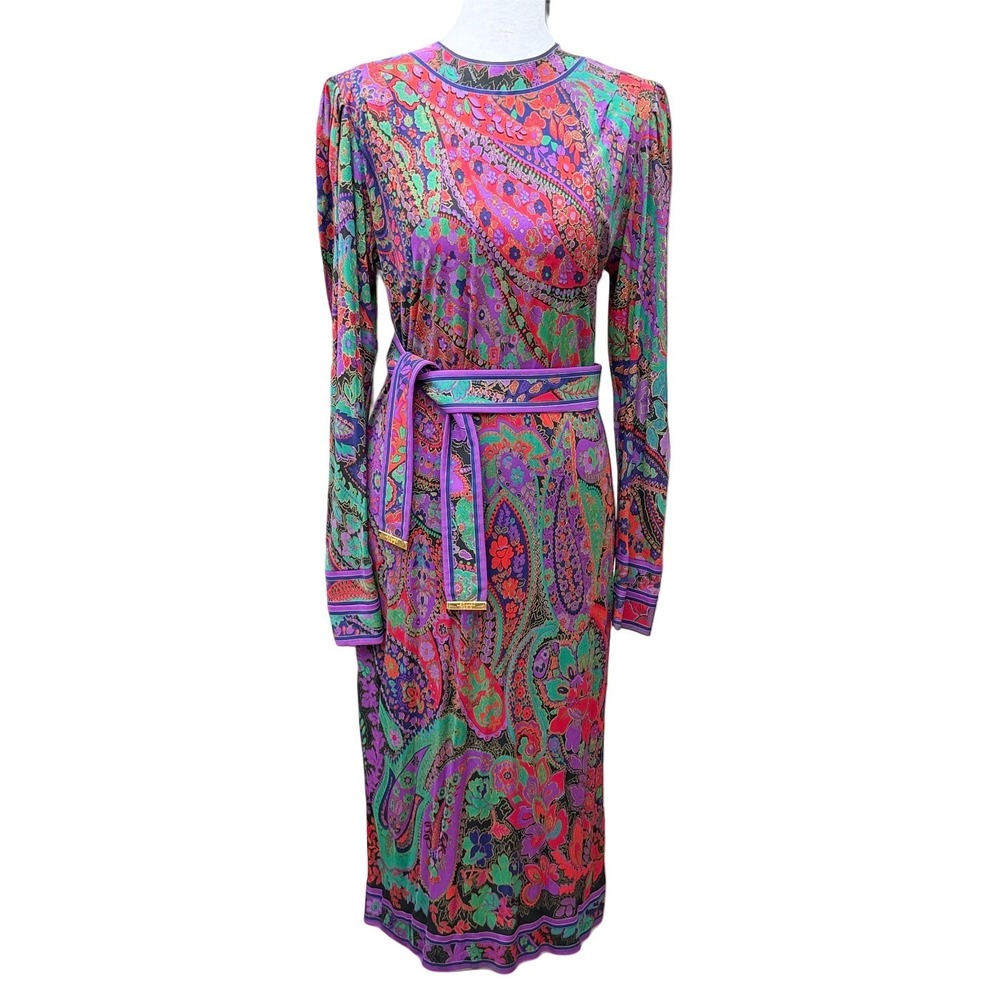 Leonard Paris Vintage Paisley Silk Floral Dress Medium Long Sleeve Belted Italy